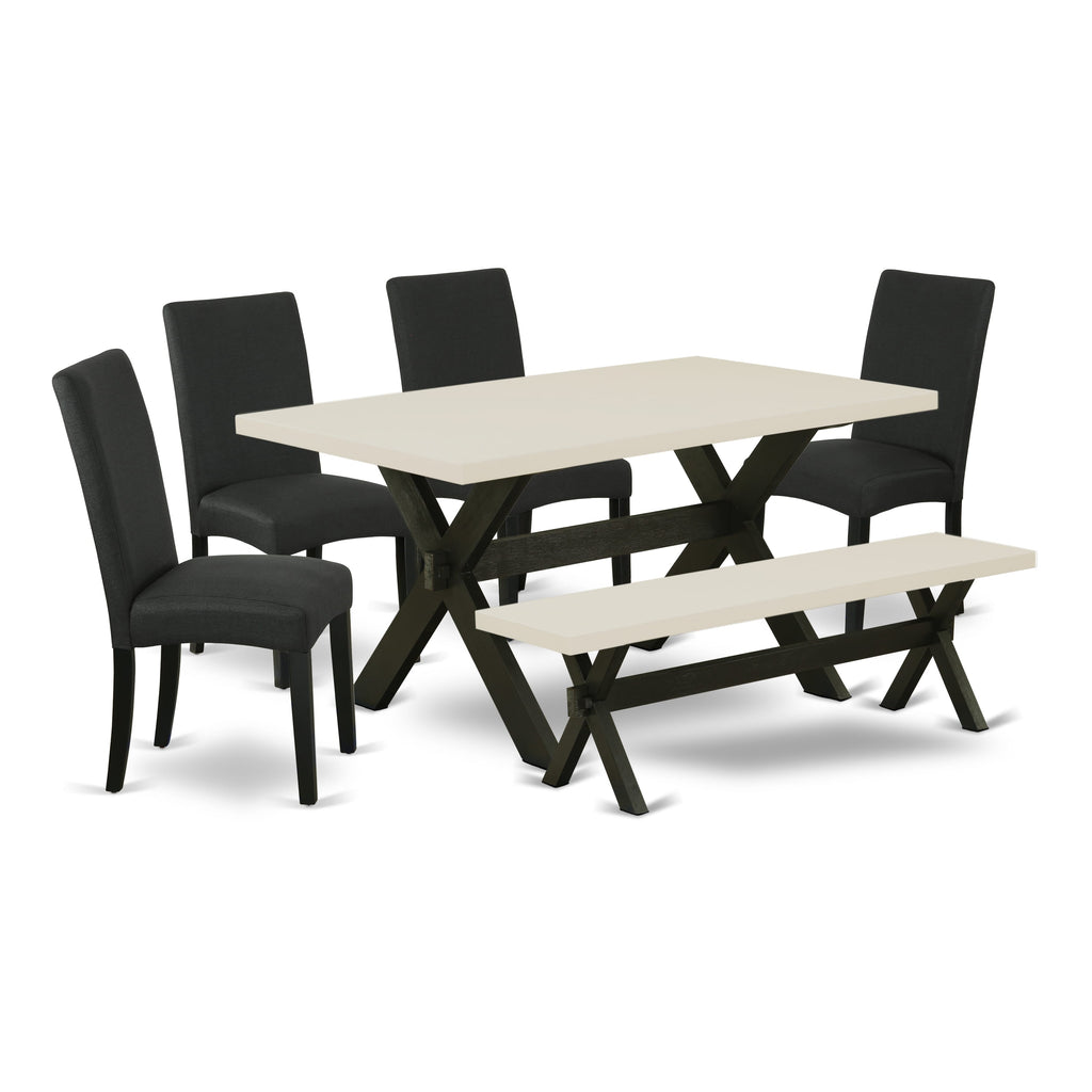 East West Furniture X626DR124-6 6 Piece Dining Table Set Contains a Rectangle Kitchen Table with X-Legs and 4 Black Color Linen Fabric Parson Chairs with a Bench, 36x60 Inch, Multi-Color