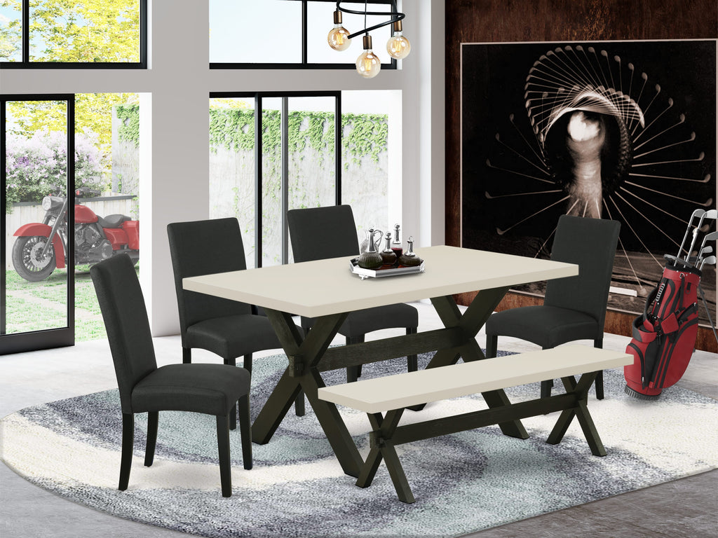 East West Furniture X626DR124-6 6 Piece Dining Table Set Contains a Rectangle Kitchen Table with X-Legs and 4 Black Color Linen Fabric Parson Chairs with a Bench, 36x60 Inch, Multi-Color