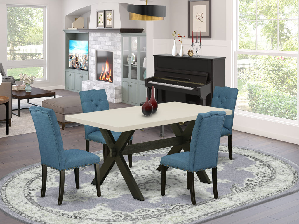 East West Furniture X626EL121-5 5 Piece Kitchen Table Set for 4 Includes a Rectangle Dining Room Table with X-Legs and 4 Blue Linen Fabric Upholstered Chairs, 36x60 Inch, Multi-Color