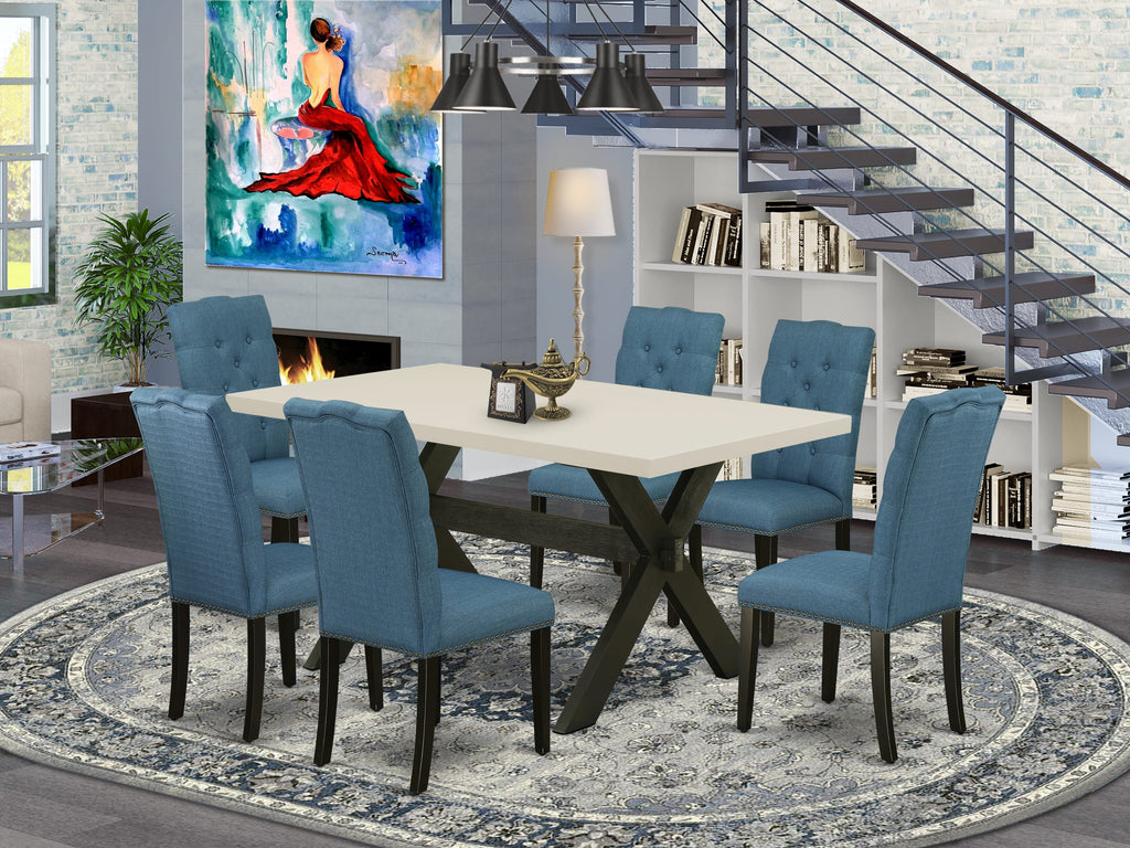 East West Furniture X626EL121-7 7 Piece Dining Room Table Set Consist of a Rectangle Kitchen Table with X-Legs and 6 Blue Linen Fabric Parson Dining Chairs, 36x60 Inch, Multi-Color