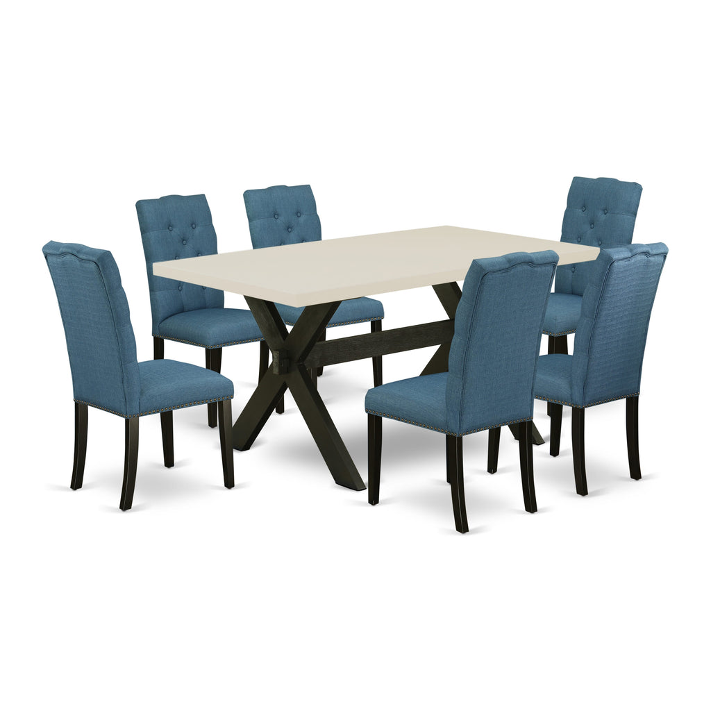 East West Furniture X626EL121-7 7 Piece Dining Room Table Set Consist of a Rectangle Kitchen Table with X-Legs and 6 Blue Linen Fabric Parson Dining Chairs, 36x60 Inch, Multi-Color