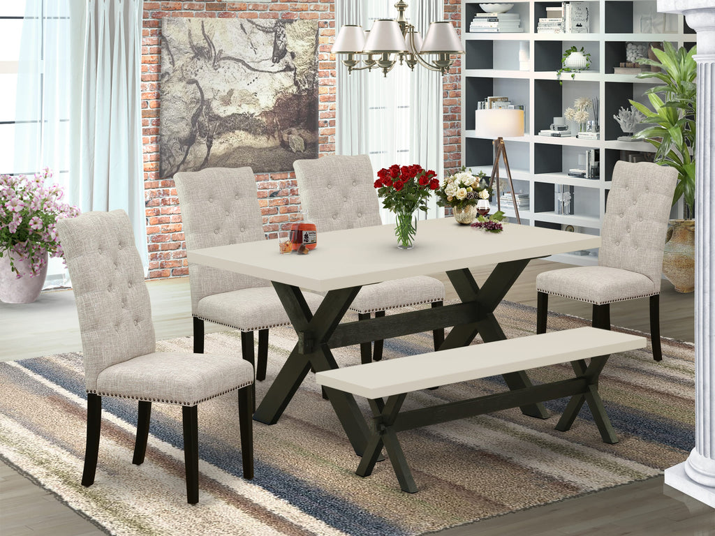 East West Furniture X626EL635-6 6 Piece Modern Dining Table Set Contains a Rectangle Wooden Table and 4 Doeskin Linen Fabric Upholstered Chairs with a Bench, 36x60 Inch, Multi-Color
