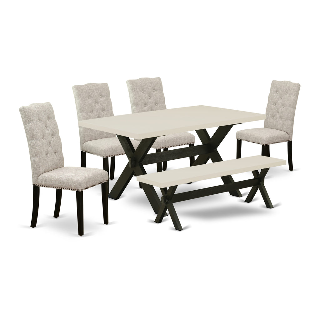 East West Furniture X626EL635-6 6 Piece Modern Dining Table Set Contains a Rectangle Wooden Table and 4 Doeskin Linen Fabric Upholstered Chairs with a Bench, 36x60 Inch, Multi-Color