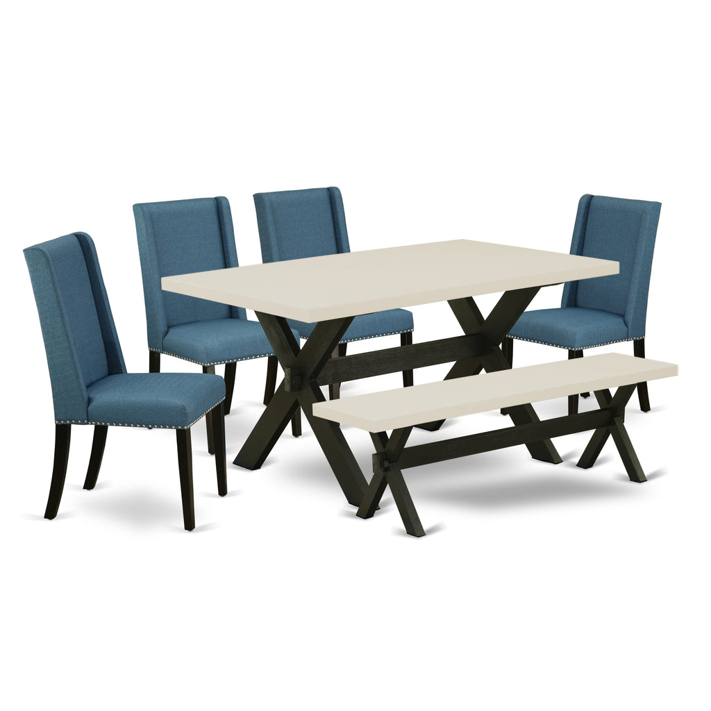 East West Furniture X626FL121-6 6 Piece Dinette Set Contains a Rectangle Dining Table with X-Legs and 4 Blue Linen Fabric Parson Chairs with a Bench, 36x60 Inch, Multi-Color