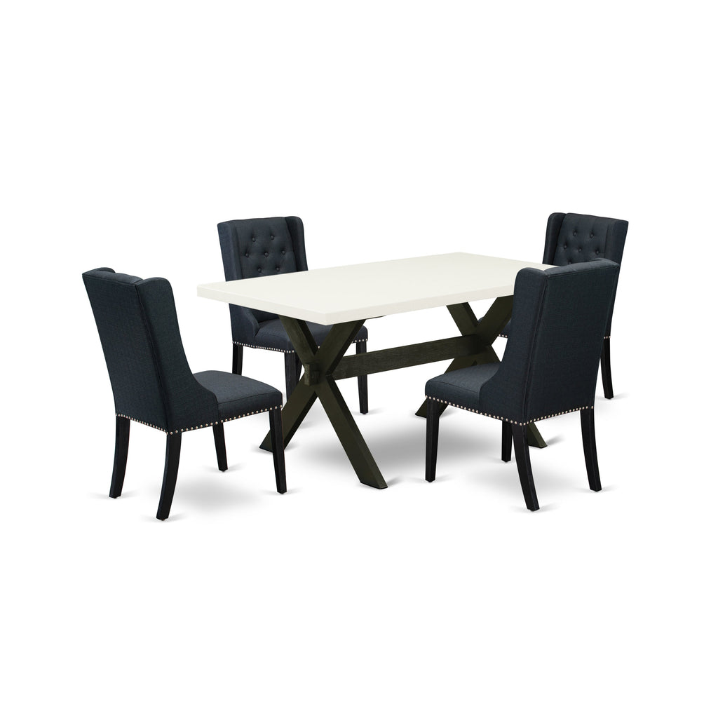 East West Furniture X626FO624-5 5 Piece Dining Set Includes a Rectangle Dining Room Table with X-Legs and 4 Black Linen Fabric Upholstered Parson Chairs, 36x60 Inch, Multi-Color