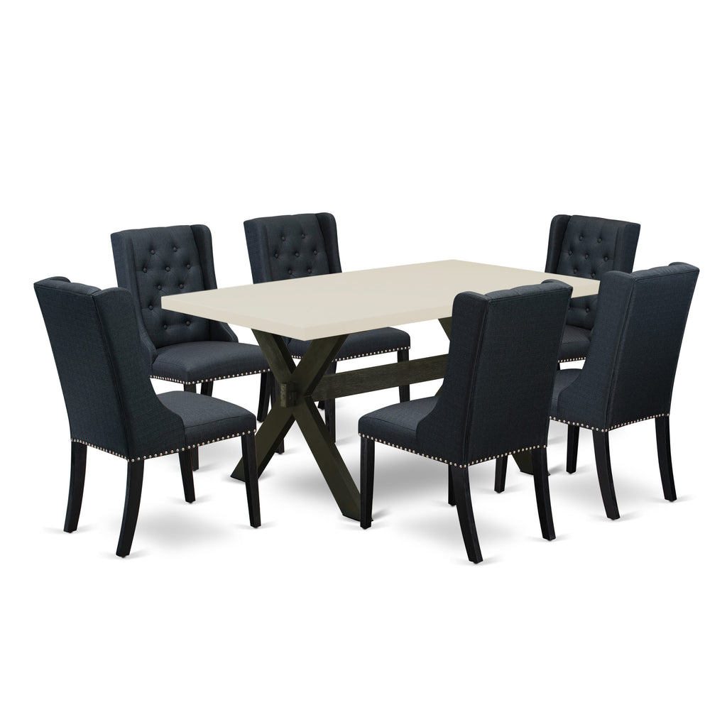 East West Furniture X626FO624-7 7 Piece Dining Set Consist of a Rectangle Dining Room Table with X-Legs and 6 Black Linen Fabric Upholstered Chairs, 36x60 Inch, Multi-Color