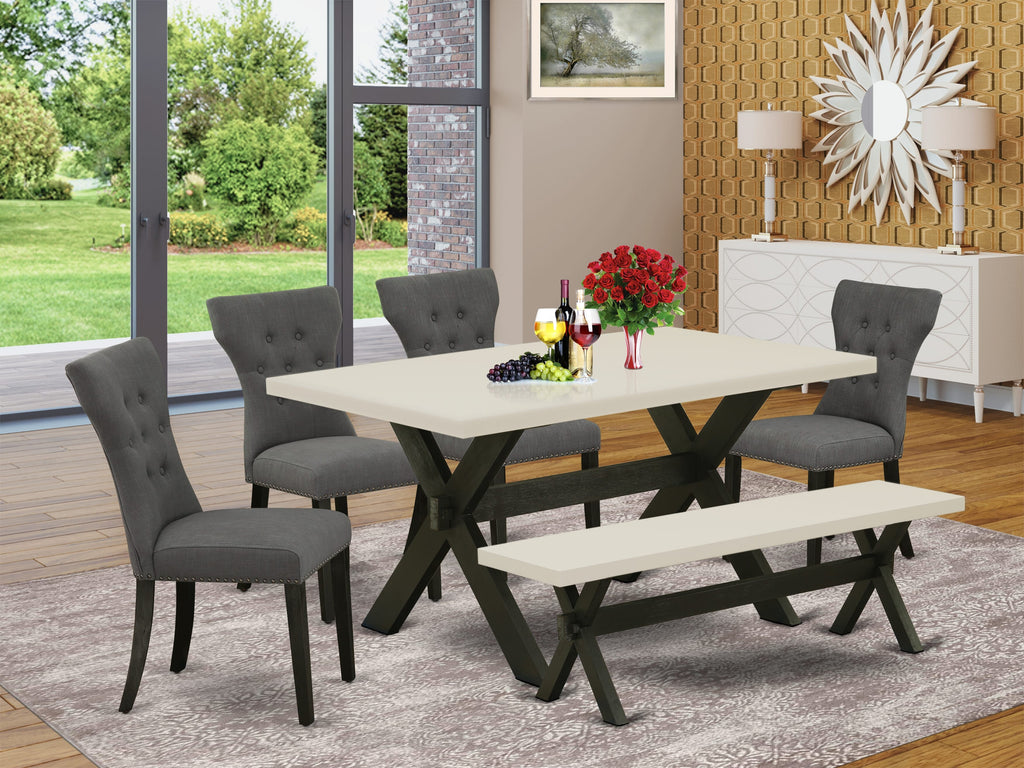 East West Furniture X626GA650-6 6 Piece Dining Table Set Contains a Rectangle Dining Room Table and 4 Dark Gotham Linen Fabric Parson Chairs with a Bench, 36x60 Inch, Multi-Color