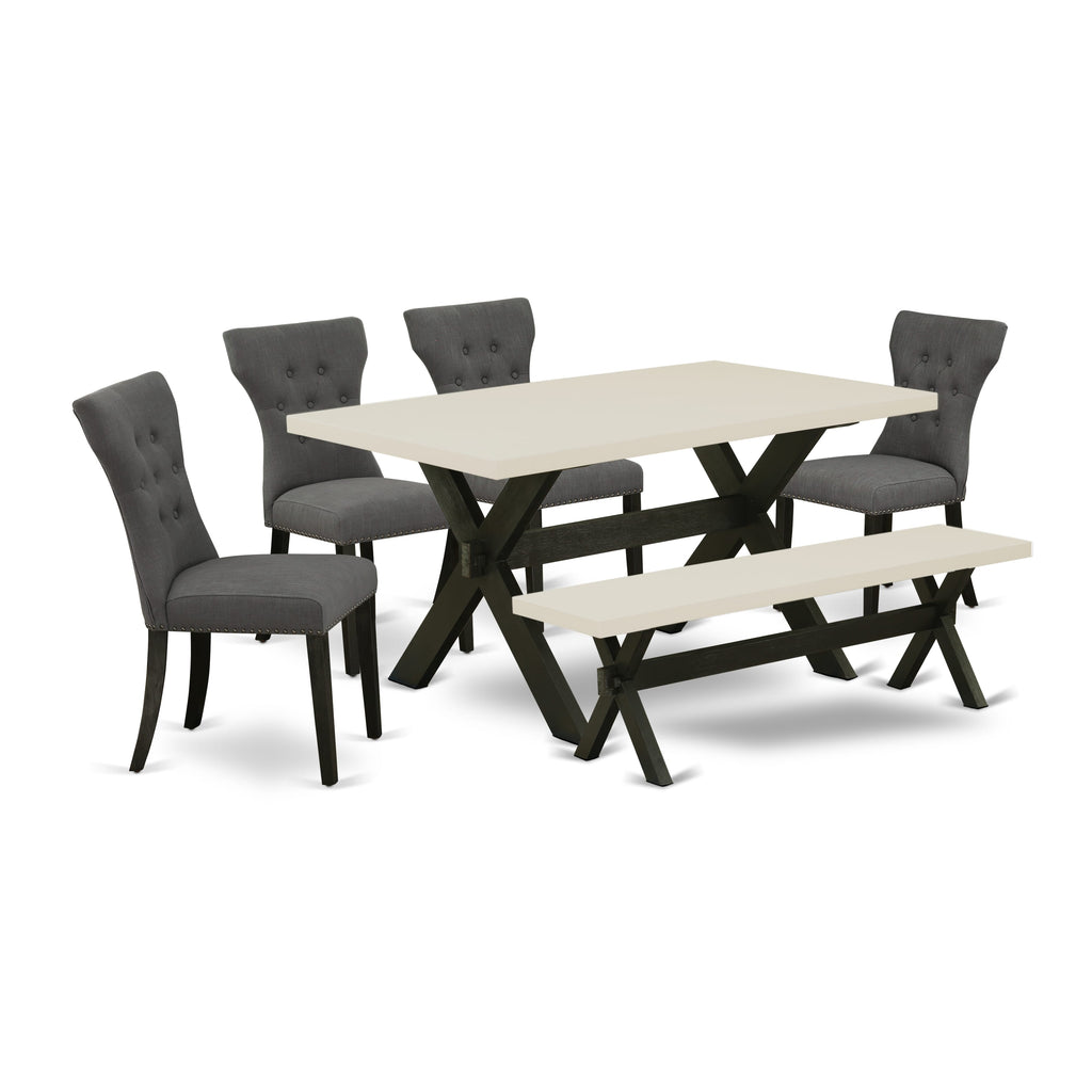 East West Furniture X626GA650-6 6 Piece Dining Table Set Contains a Rectangle Dining Room Table and 4 Dark Gotham Linen Fabric Parson Chairs with a Bench, 36x60 Inch, Multi-Color