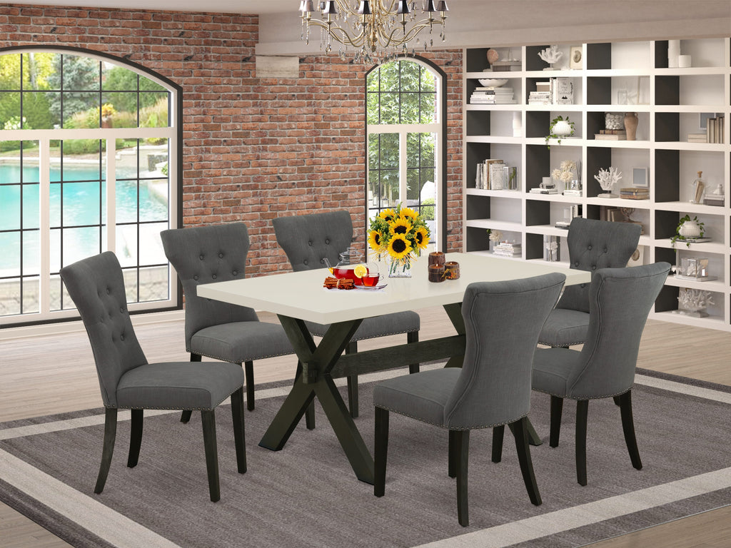 East West Furniture X626GA650-7 7 Piece Modern Dining Table Set Consist of a Rectangle Wooden Table with X-Legs and 6 Dark Gotham Linen Fabric Parson Dining Chairs, 36x60 Inch, Multi-Color