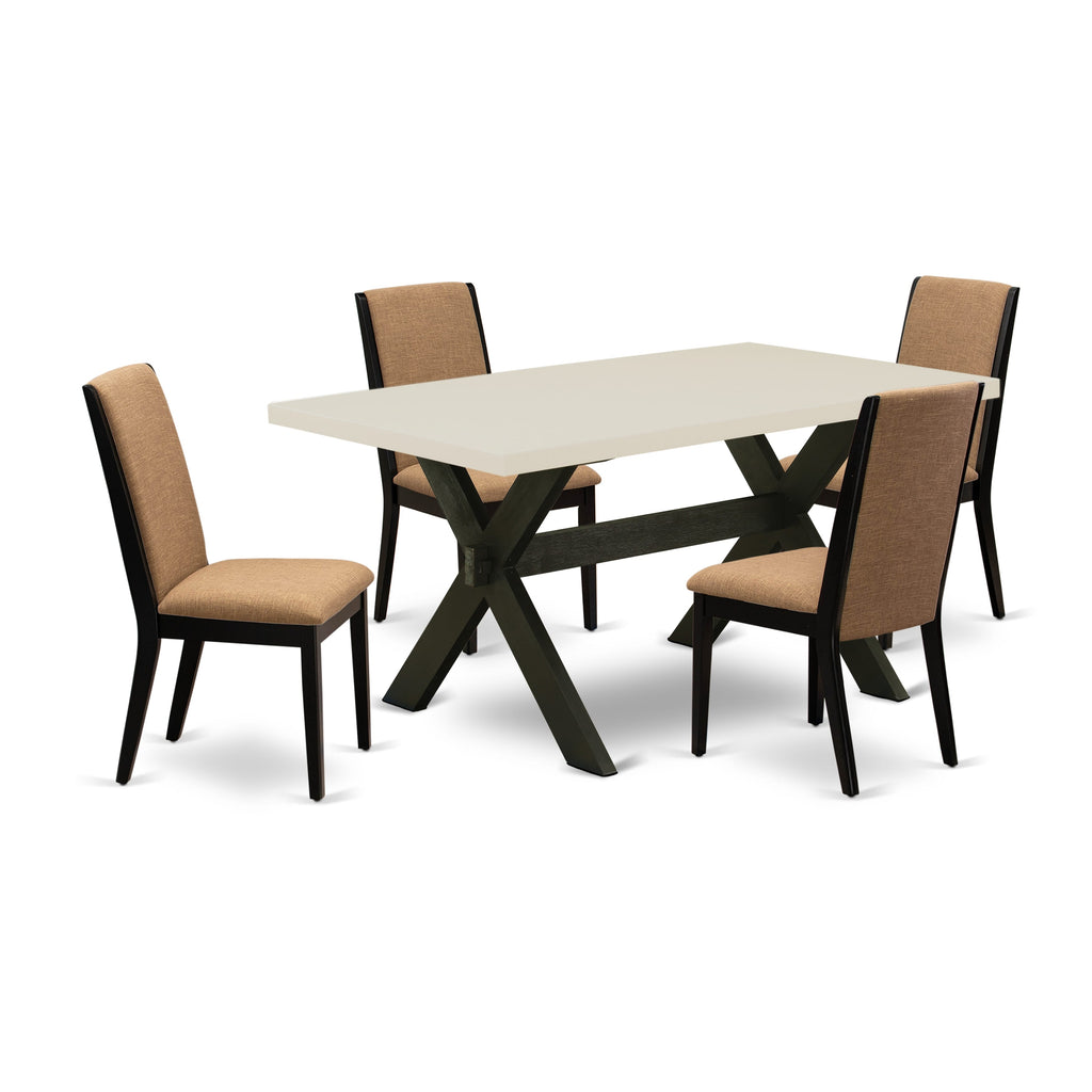 East West Furniture X626LA147-5 5 Piece Dining Room Table Set Includes a Rectangle Kitchen Table with X-Legs and 4 Light Sable Linen Fabric Parsons Dining Chairs, 36x60 Inch, Multi-Color