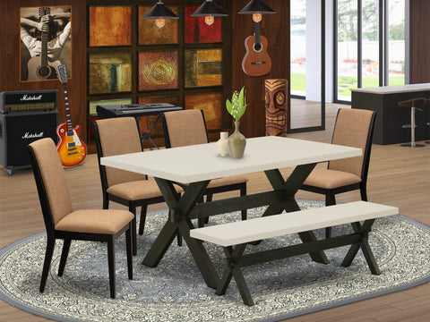 East West Furniture X626LA147-6 6 Piece Kitchen Table Set Contains a Rectangle Dining Table with X-Legs and 4 Light Sable Linen Fabric Parson Chairs with a Bench, 36x60 Inch, Multi-Color
