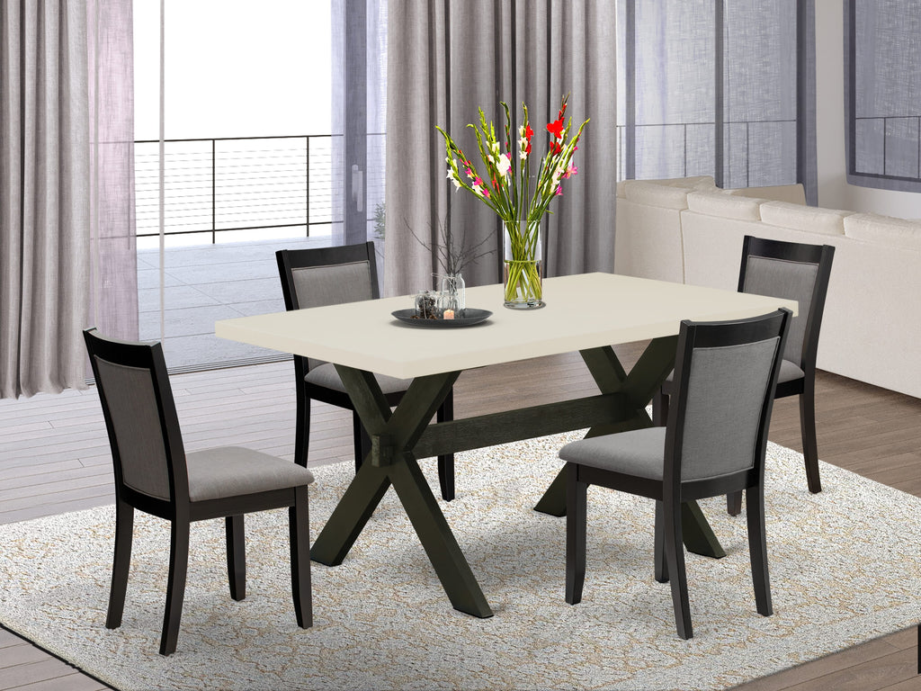 X626MZ150-5 5Pc Dining Room Set - 36x60" Rectangular Table and 4 Parson Dining Chairs - Wirebrushed Black & Linen White Color