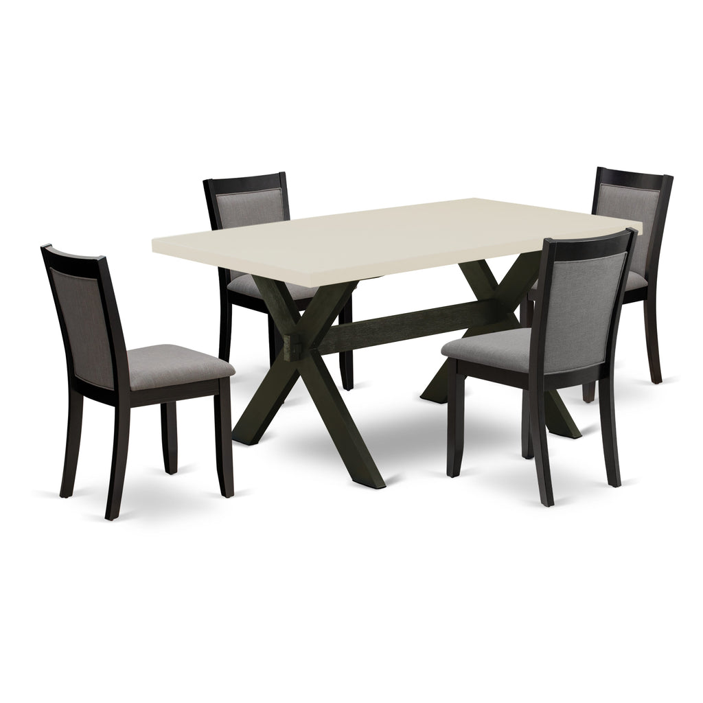 X626MZ150-5 5Pc Dining Room Set - 36x60" Rectangular Table and 4 Parson Dining Chairs - Wirebrushed Black & Linen White Color