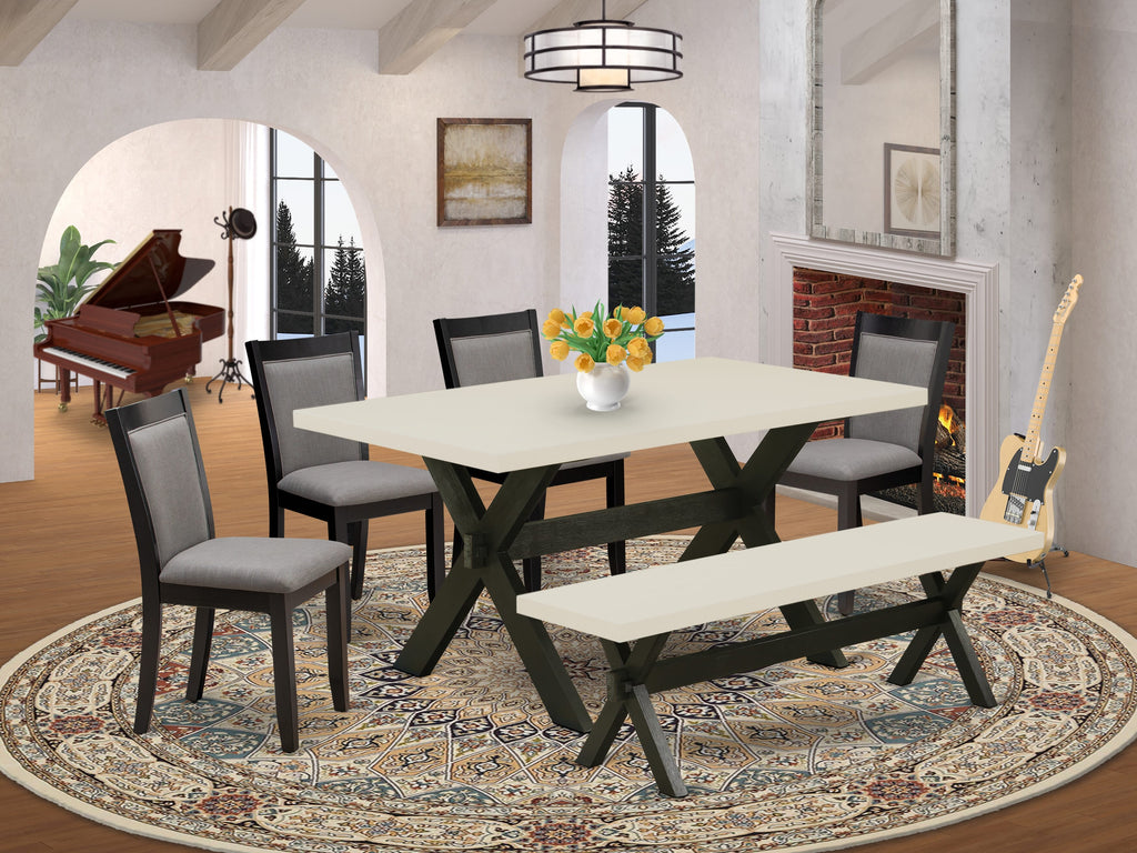 X626MZ150-6 6Pc Kitchen Set - 36x60" Rectangular Table, 4 Parson Chairs and a Bench - Wirebrushed Black & Linen White Color