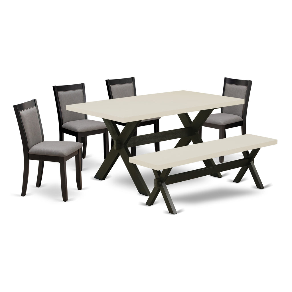 X626MZ150-6 6Pc Kitchen Set - 36x60" Rectangular Table, 4 Parson Chairs and a Bench - Wirebrushed Black & Linen White Color