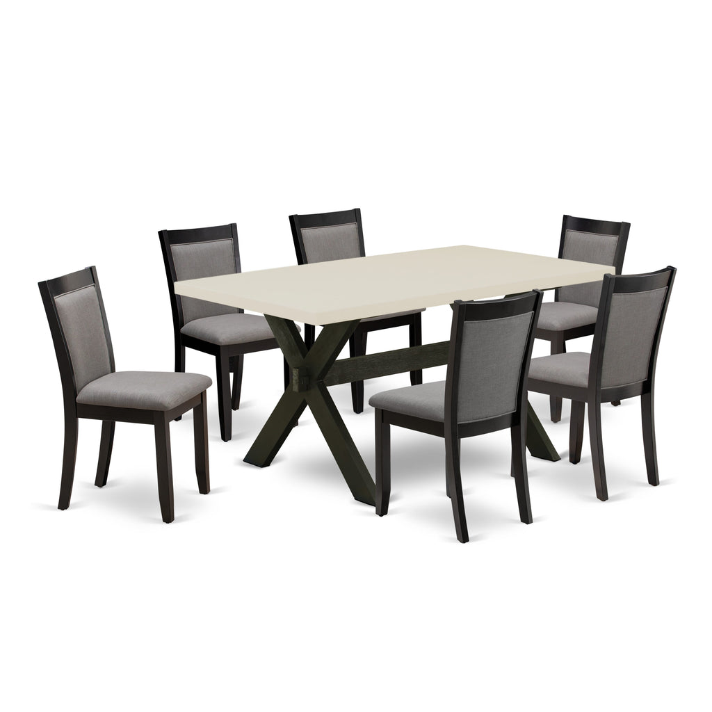 X626MZ150-7 7Pc Dining Room Set - 36x60" Rectangular Table and 6 Parson Dining Chairs - Wirebrushed Black & Linen White Color
