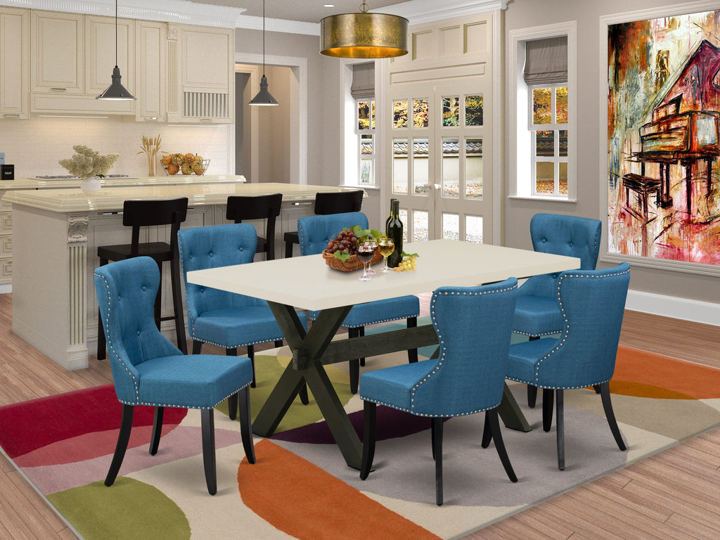 East West Furniture X626SI121-7 7 Piece Kitchen Table & Chairs Set Consist of a Rectangle Dining Room Table with X-Legs and 6 Blue Linen Fabric Upholstered Chairs, 36x60 Inch, Multi-Color