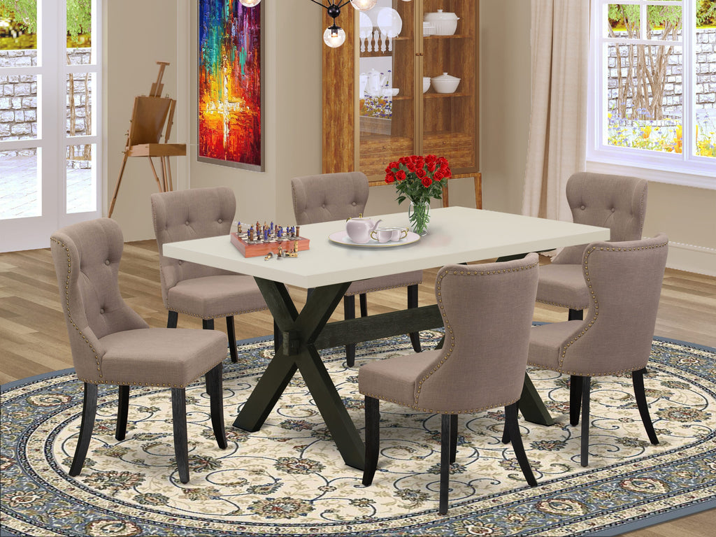 East West Furniture X626SI648-7 7 Piece Dining Set Consist of a Rectangle Dining Room Table with X-Legs and 6 Coffee Linen Fabric Upholstered Parson Chairs, 36x60 Inch, Multi-Color