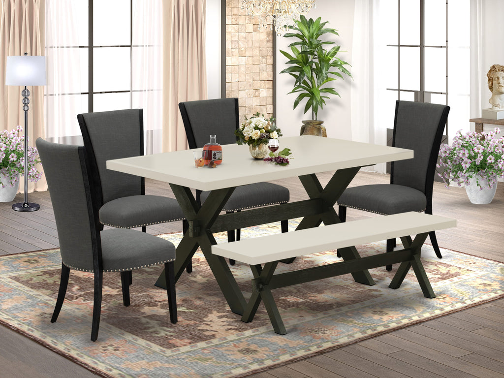 East West Furniture X626VE650-6 6 Piece Dining Set Contains a Rectangle Dining Room Table with X-Legs and 4 Dark Gotham Linen Fabric Parson Chairs with a Bench, 36x60 Inch, Multi-Color