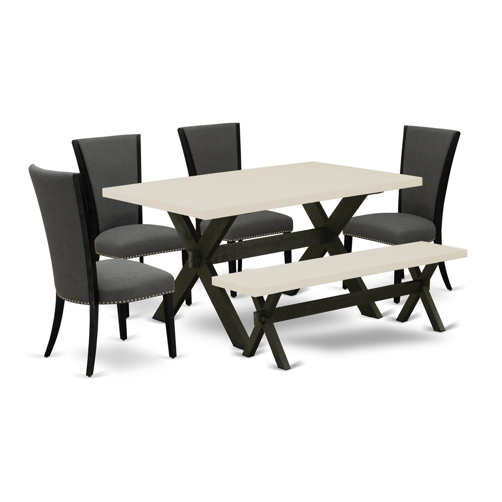 East West Furniture X626VE650-6 6 Piece Dining Set Contains a Rectangle Dining Room Table with X-Legs and 4 Dark Gotham Linen Fabric Parson Chairs with a Bench, 36x60 Inch, Multi-Color