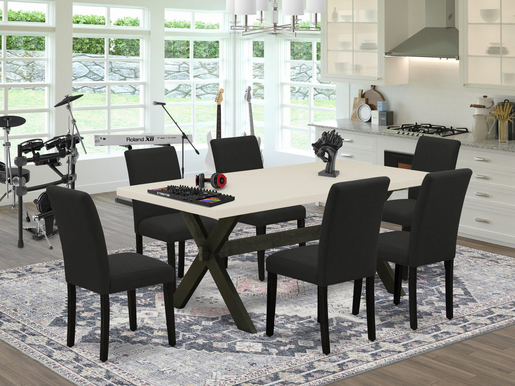 East West Furniture X627AB624-7 7 Piece Dining Room Furniture Set Consist of a Rectangle Dining Table with X-Legs and 6 Black Color Linen Fabric Upholstered Chairs, 40x72 Inch, Multi-Color