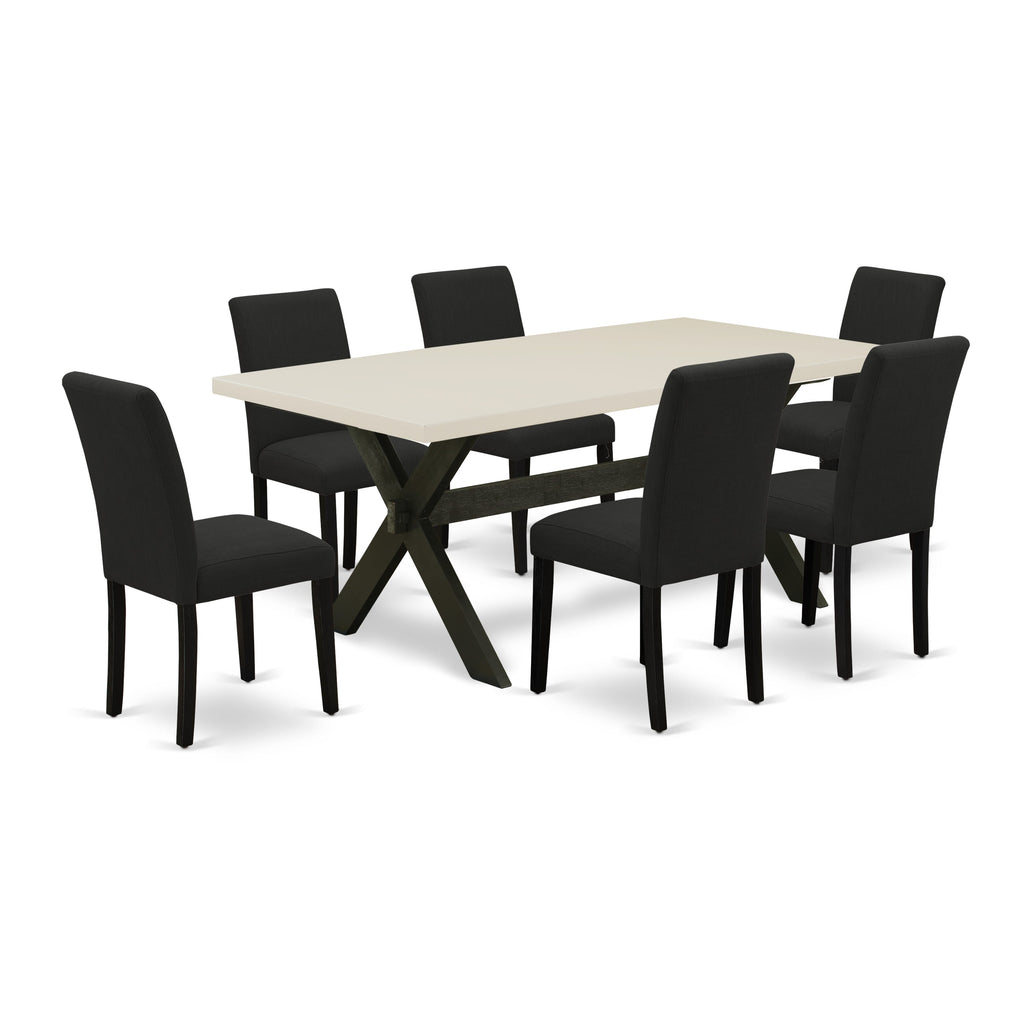 East West Furniture X627AB624-7 7 Piece Dining Room Furniture Set Consist of a Rectangle Dining Table with X-Legs and 6 Black Color Linen Fabric Upholstered Chairs, 40x72 Inch, Multi-Color