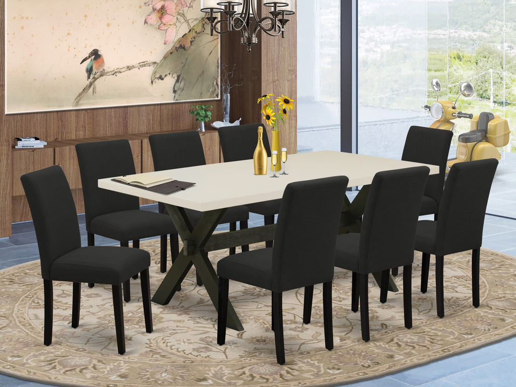 East West Furniture X627AB624-9 9 Piece Dining Set Includes a Rectangle Dining Room Table with X-Legs and 8 Black Color Linen Fabric Upholstered Parson Chairs, 40x72 Inch, Multi-Color
