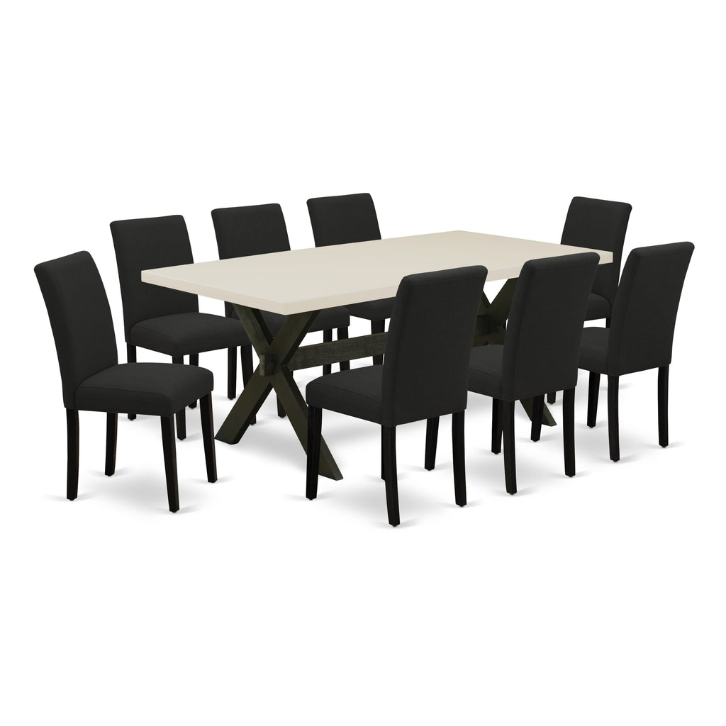 East West Furniture X627AB624-9 9 Piece Dining Set Includes a Rectangle Dining Room Table with X-Legs and 8 Black Color Linen Fabric Upholstered Parson Chairs, 40x72 Inch, Multi-Color