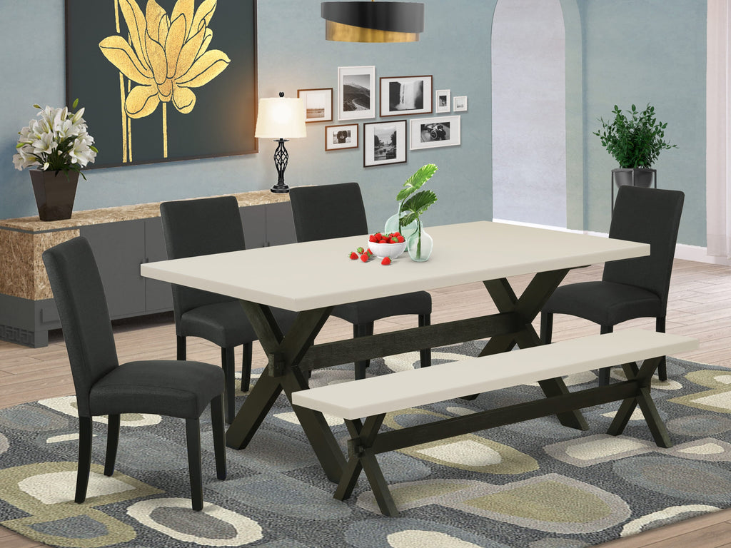 East West Furniture X627DR124-6 6 Piece Dining Table Set Contains a Rectangle Wooden Table with X-Legs and 4 Black Color Linen Fabric Parson Chairs with a Bench, 40x72 Inch, Multi-Color