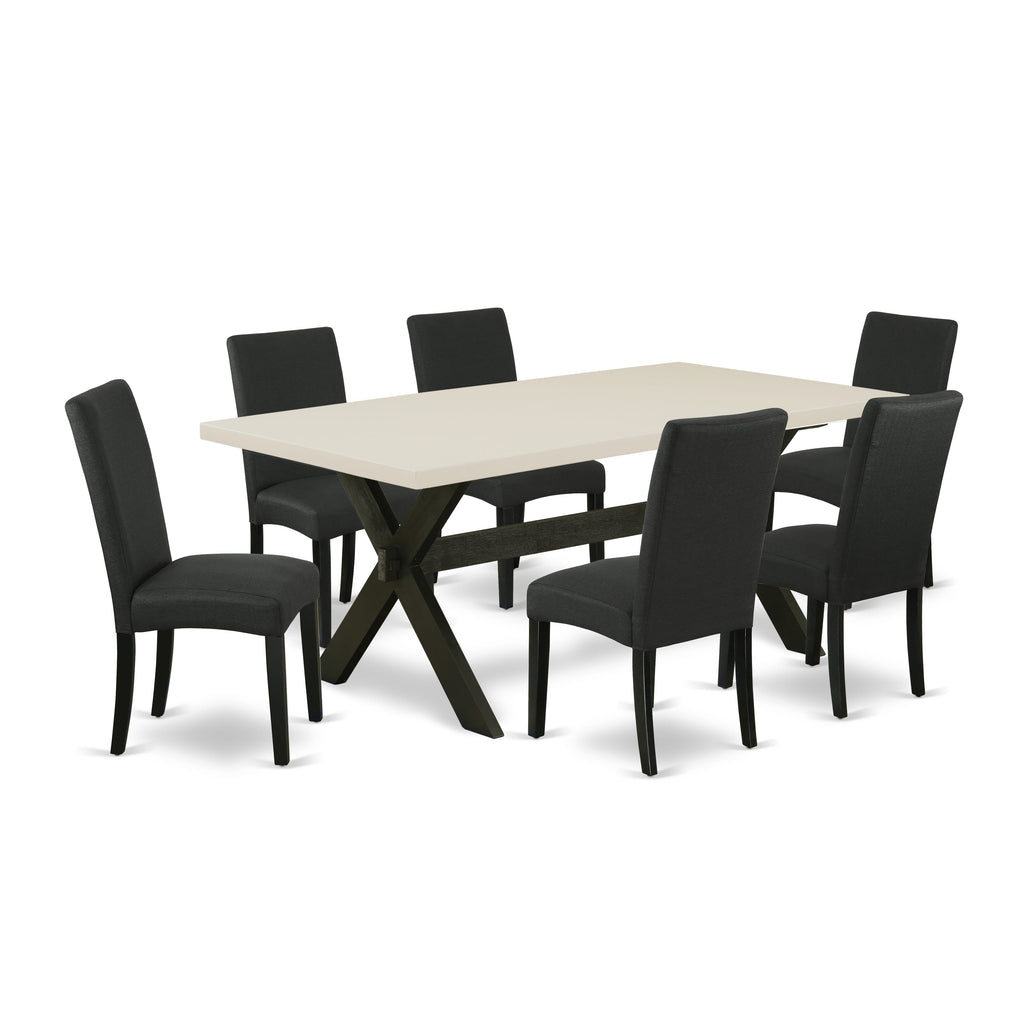 East West Furniture X627DR124-7 7 Piece Dining Room Furniture Set Consist of a Rectangle Dining Table with X-Legs and 6 Black Color Linen Fabric Upholstered Chairs, 40x72 Inch, Multi-Color