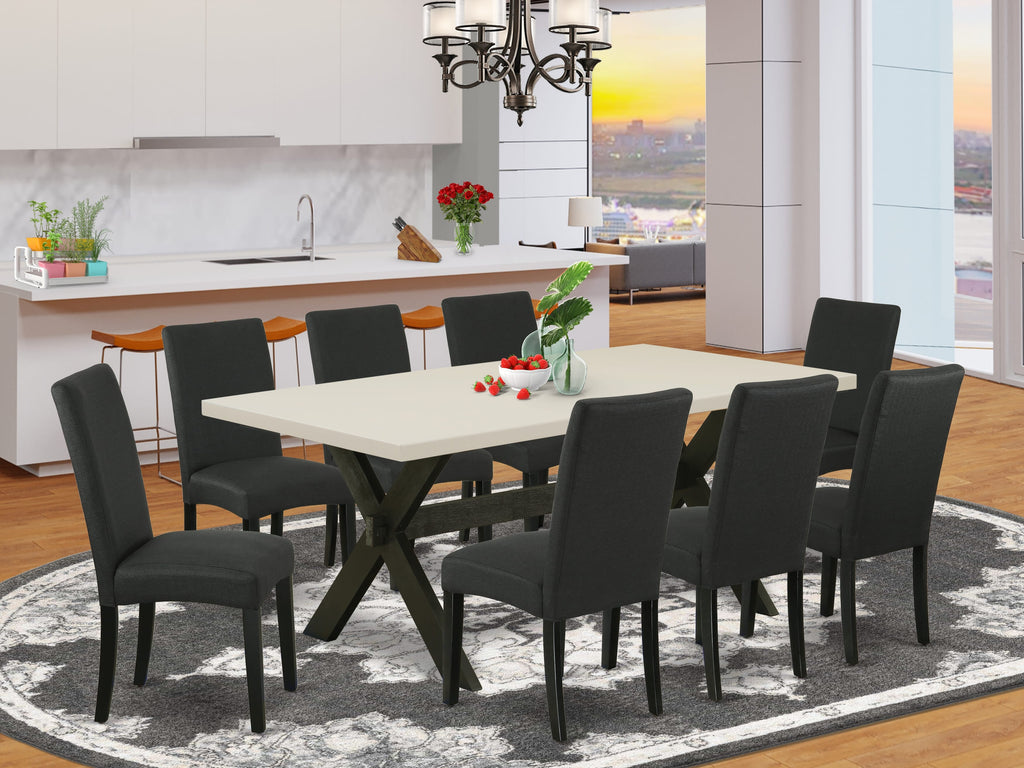 East West Furniture X627DR124-9 9 Piece Modern Dining Table Set Includes a Rectangle Wooden Table with X-Legs and 8 Black Color Linen Fabric Parsons Dining Chairs, 40x72 Inch, Multi-Color