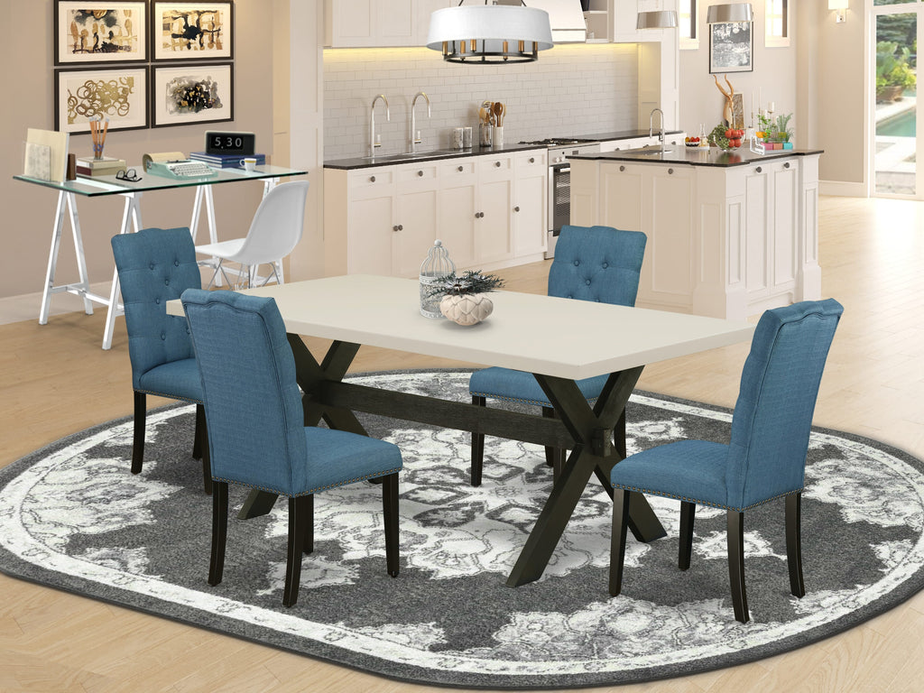 East West Furniture X627EL121-5 5 Piece Dining Table Set for 4 Includes a Rectangle Kitchen Table with X-Legs and 4 Blue Linen Fabric Parson Dining Room Chairs, 40x72 Inch, Multi-Color