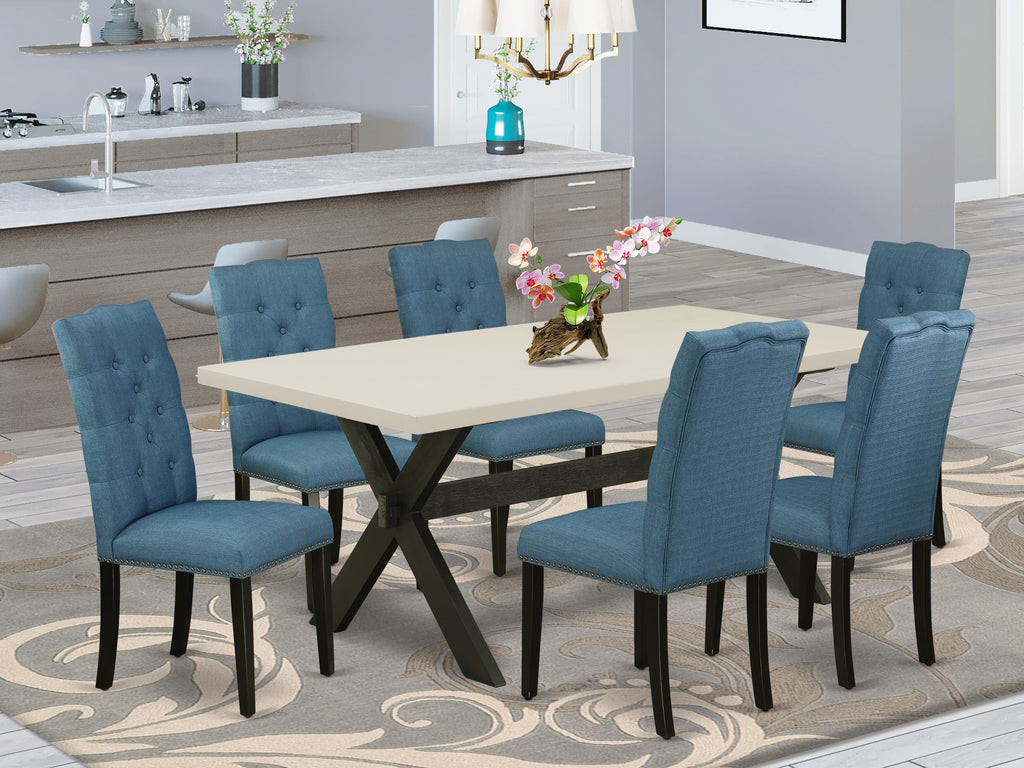 East West Furniture X627EL121-7 7 Piece Dining Room Table Set Consist of a Rectangle Kitchen Table with X-Legs and 6 Blue Linen Fabric Parson Dining Chairs, 40x72 Inch, Multi-Color