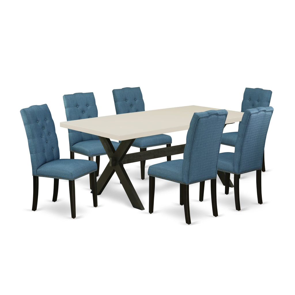 East West Furniture X627EL121-7 7 Piece Dining Room Table Set Consist of a Rectangle Kitchen Table with X-Legs and 6 Blue Linen Fabric Parson Dining Chairs, 40x72 Inch, Multi-Color