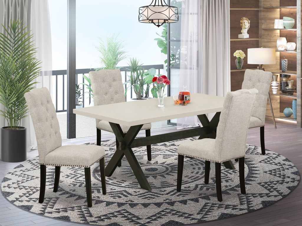 East West Furniture X627EL635-5 5 Piece Dining Room Table Set Includes a Rectangle Dining Table with X-Legs and 4 Doeskin Linen Fabric Upholstered Chairs, 40x72 Inch, Multi-Color