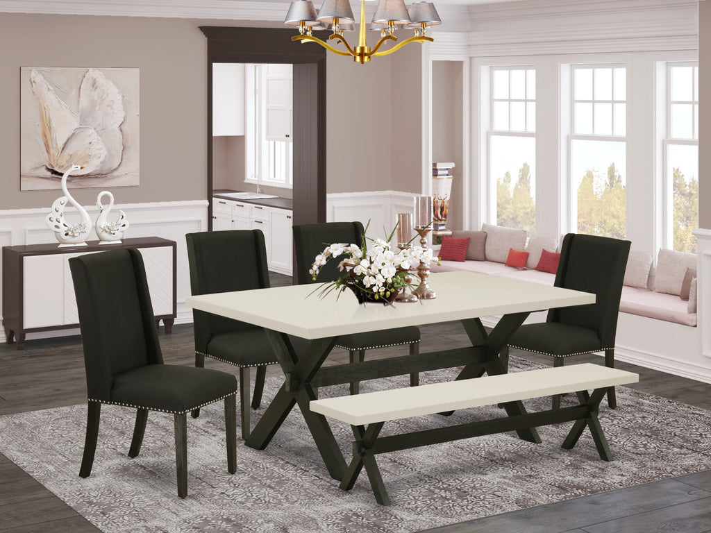 East West Furniture X627FL624-6 6 Piece Dining Room Set Contains a Rectangle Dining Table with X-Legs and 4 Black Linen Fabric Parson Chairs with a Bench, 40x72 Inch, Multi-Color