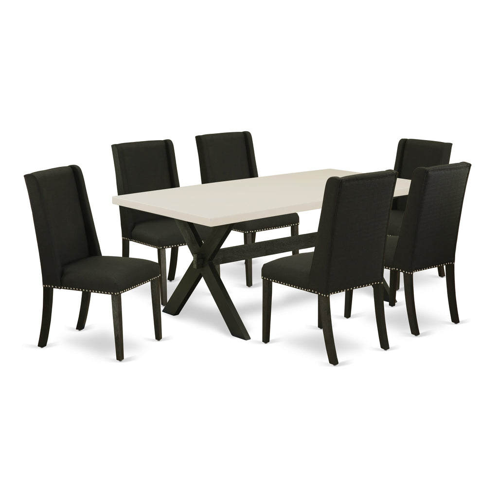 East West Furniture X627FL624-7 7 Piece Modern Dining Table Set Consist of a Rectangle Wooden Table with X-Legs and 6 Black Linen Fabric Upholstered Chairs, 40x72 Inch, Multi-Color