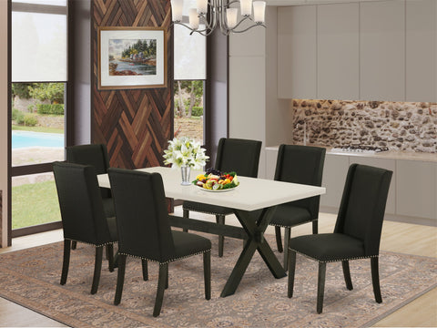 East West Furniture X627FL624-7 7 Piece Modern Dining Table Set Consist of a Rectangle Wooden Table with X-Legs and 6 Black Linen Fabric Upholstered Chairs, 40x72 Inch, Multi-Color