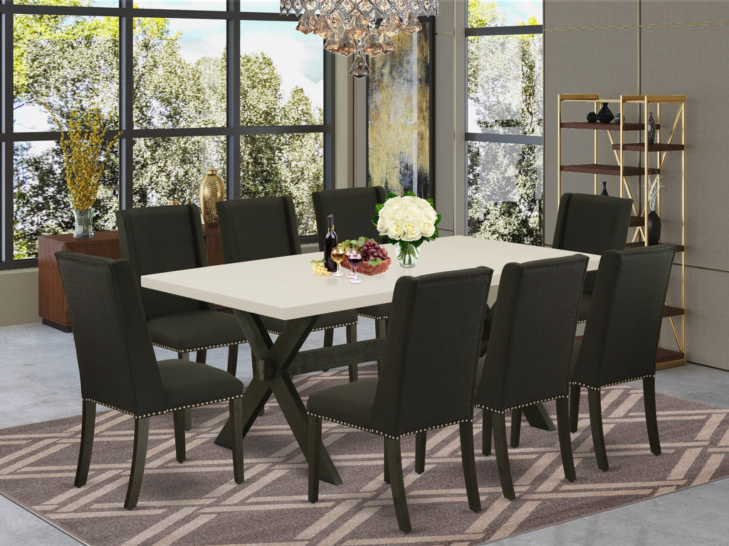 East West Furniture X627FL624-9 9 Piece Dining Room Furniture Set Includes a Rectangle Dining Table with X-Legs and 8 Black Linen Fabric Upholstered Parson Chairs, 40x72 Inch, Multi-Color