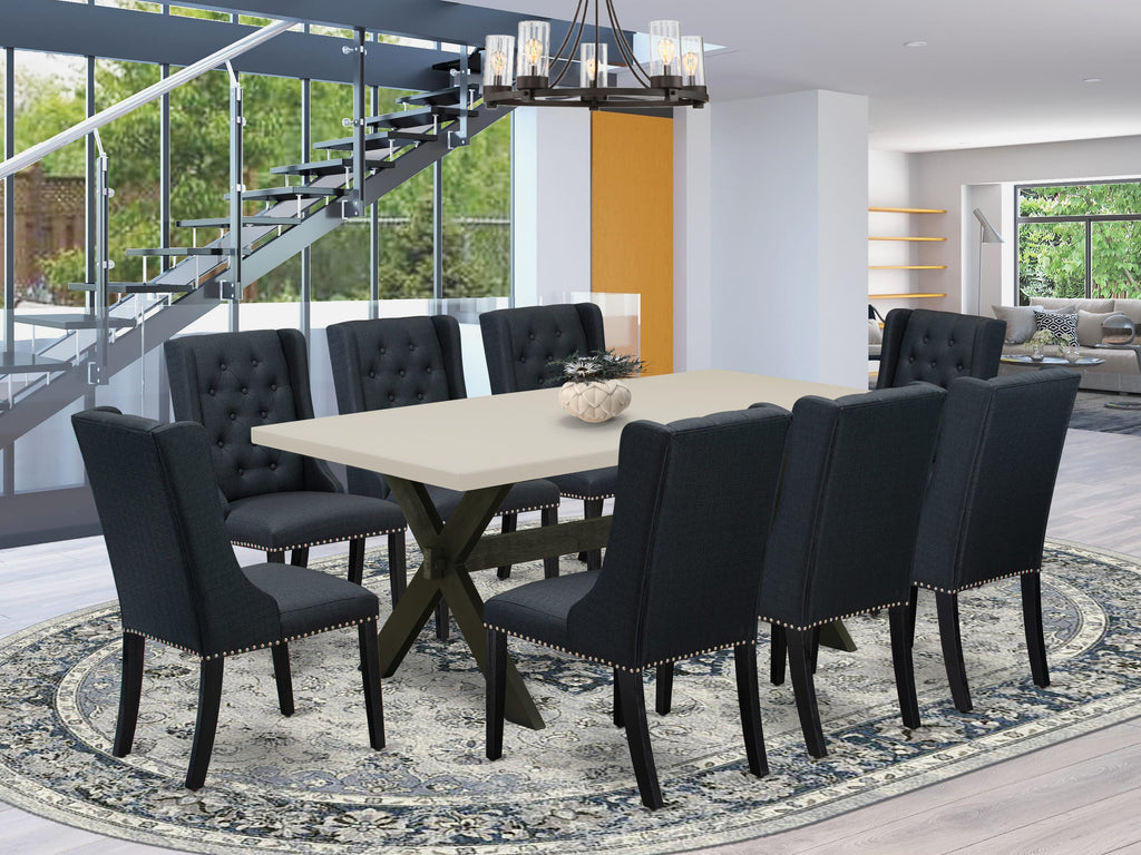 East West Furniture X627FO624-9 9 Piece Dining Set Includes a Rectangle Dining Room Table with X-Legs and 8 Black Linen Fabric Upholstered Parson Chairs, 40x72 Inch, Multi-Color