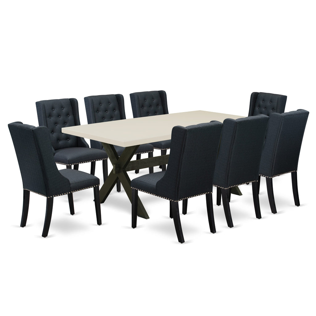 East West Furniture X627FO624-9 9 Piece Dining Set Includes a Rectangle Dining Room Table with X-Legs and 8 Black Linen Fabric Upholstered Parson Chairs, 40x72 Inch, Multi-Color