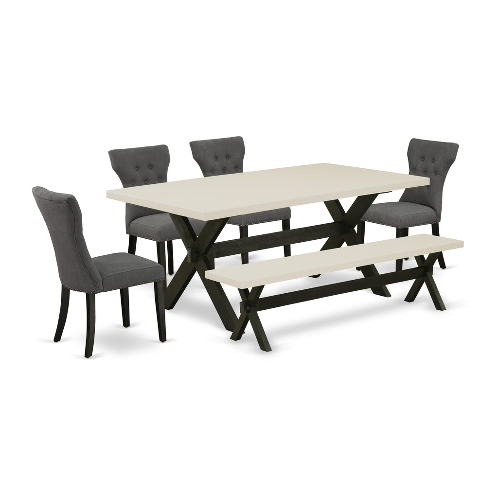 East West Furniture X627GA650-6 6 Piece Dining Table Set Contains a Rectangle Kitchen Table with X-Legs and 4 Dark Gotham Linen Fabric Parson Chairs with a Bench, 40x72 Inch, Multi-Color