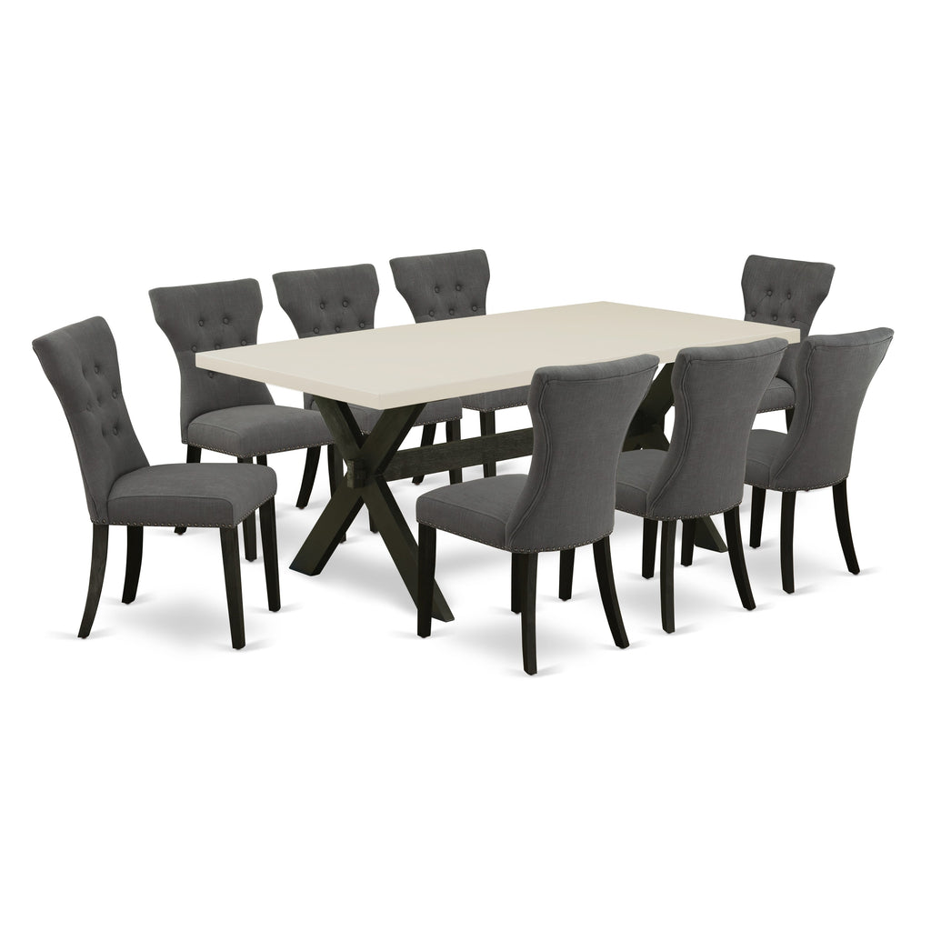 East West Furniture X627GA650-9 9 Piece Kitchen Table Set Includes a Rectangle Dining Table with X-Legs and 8 Dark Gotham Linen Fabric Parson Dining Room Chairs, 40x72 Inch, Multi-Color