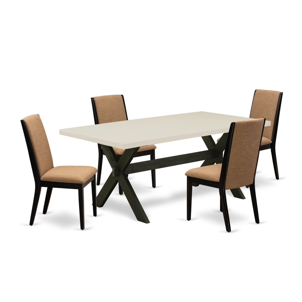 East West Furniture X627LA147-5 5 Piece Dining Set Includes a Rectangle Dining Room Table with X-Legs and 4 Light Sable Linen Fabric Upholstered Parson Chairs, 40x72 Inch, Multi-Color