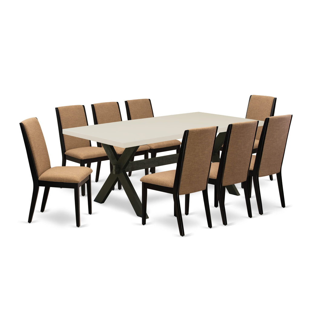 East West Furniture X627LA147-9 9 Piece Dining Table Set Includes a Rectangle Kitchen Table with X-Legs and 8 Light Sable Linen Fabric Parson Dining Room Chairs, 40x72 Inch, Multi-Color