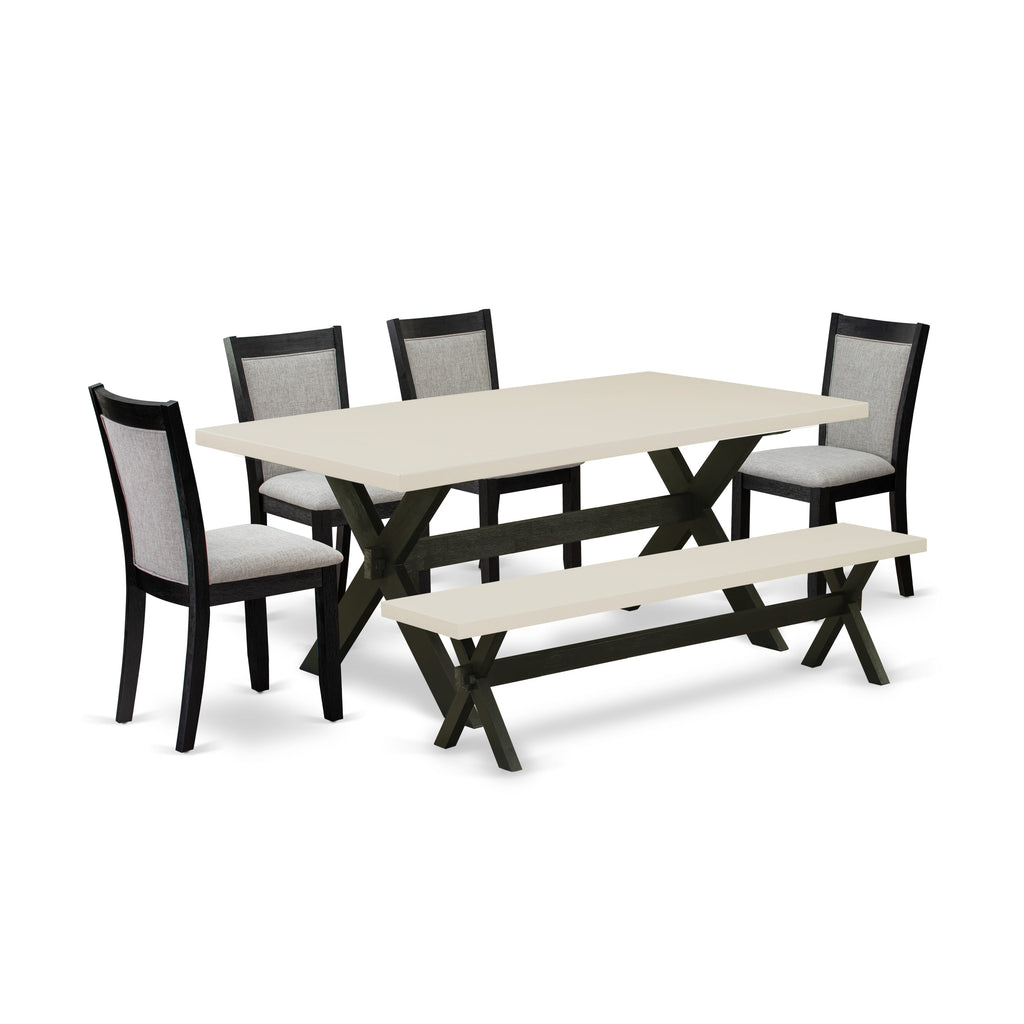 East West Furniture X627MZ606-6 6 Piece Dining Table Set Contains a Rectangle Dining Room Table with X-Legs and 4 Shitake Linen Fabric Parson Chairs with a Bench, 40x72 Inch, Multi-Color