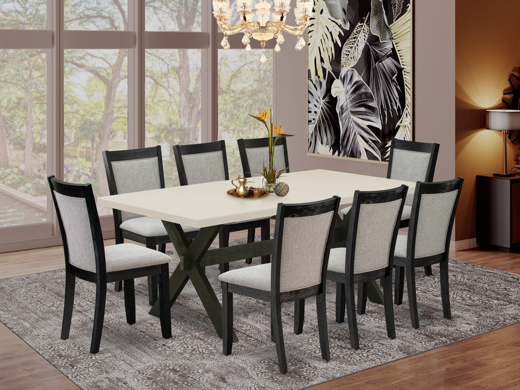 East West Furniture X627MZ606-9 9 Piece Modern Dining Table Set Includes a Rectangle Dining Room Table with X-Legs and 8 Shitake Linen Fabric Upholstered Chairs, 40x72 Inch, Multi-Color