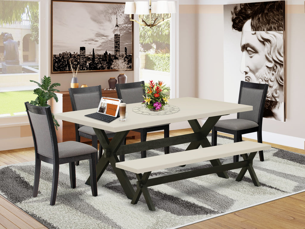 East West Furniture X627MZ650-6 6 Piece Dining Table Set Contains a Rectangle Kitchen Table and 4 Dark Gotham Grey Linen Fabric Parson Chairs with a Bench, 40x72 Inch, Multi-Color