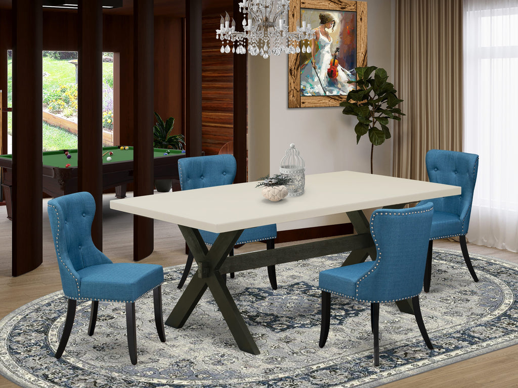 East West Furniture X627SI121-5 5 Piece Dining Room Furniture Set Includes a Rectangle Dining Table with X-Legs and 4 Blue Linen Fabric Upholstered Chairs, 40x72 Inch, Multi-Color