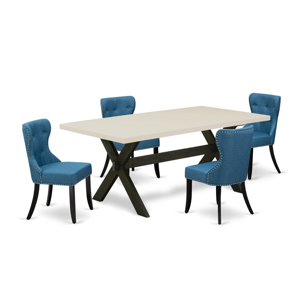 East West Furniture X627SI121-5 5 Piece Dining Room Furniture Set Includes a Rectangle Dining Table with X-Legs and 4 Blue Linen Fabric Upholstered Chairs, 40x72 Inch, Multi-Color